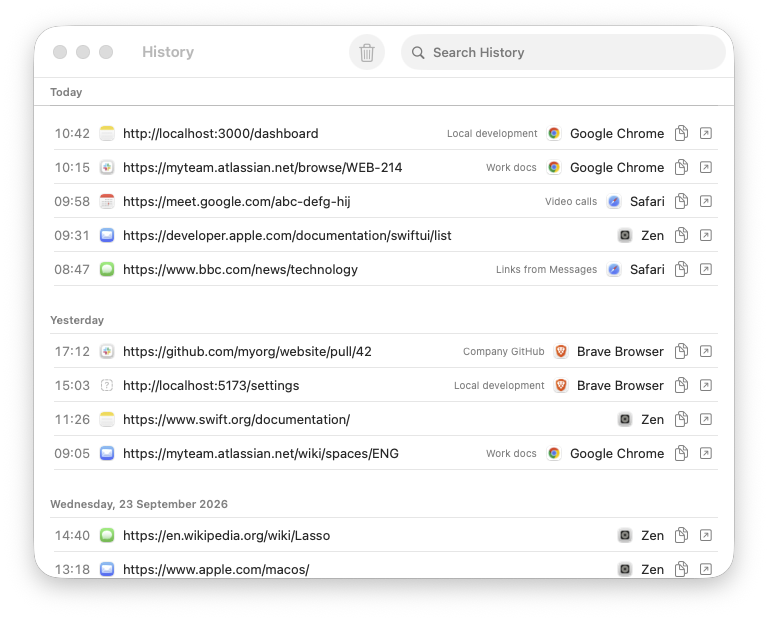 The History window: links grouped under Today, Yesterday and an earlier date, each with its time, the icon of the app it was clicked in, matching rule, browser, and buttons to copy or open it.