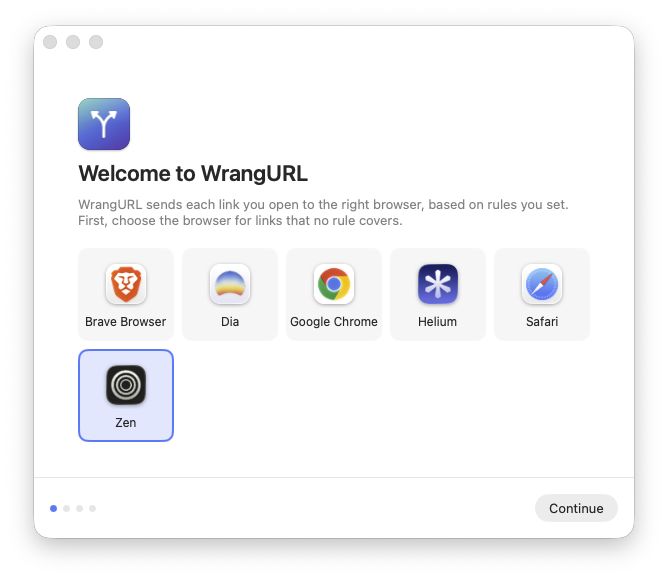 Setup step one: a grid of installed browsers, with Zen selected as the fallback browser.