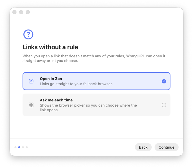 Setup step two: choose between opening unmatched links in the fallback browser or asking each time.