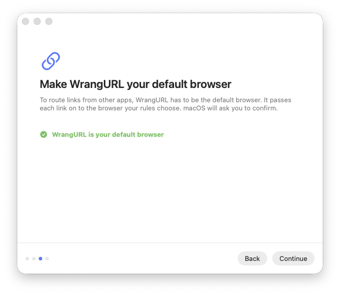 Setup step three: Make WrangURL your default browser, showing that WrangURL is now the default.