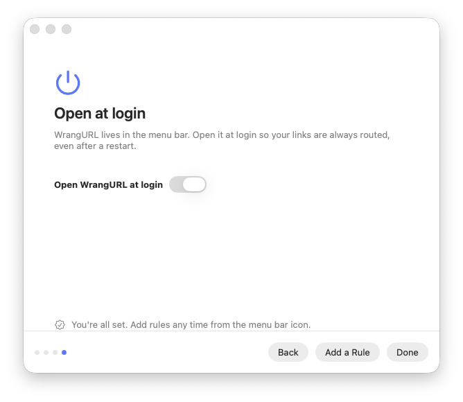 Setup step four: a switch to open WrangURL at login.