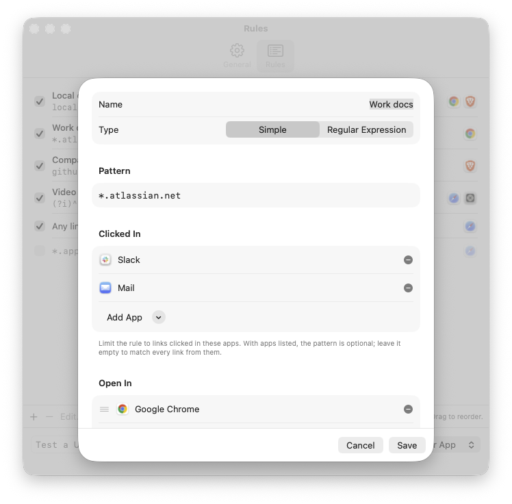 The rule editor for Work docs: a simple pattern of *.atlassian.net, clicked in Slack or Mail, that opens Google Chrome.