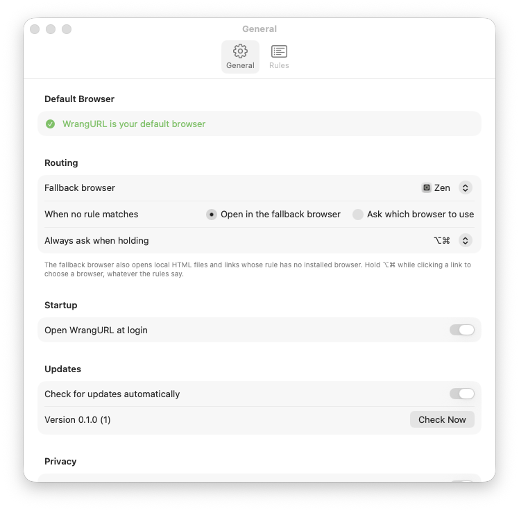 The General tab: default browser status, fallback browser, unmatched links, the keys that always show the picker (Option-Command), startup and updates.